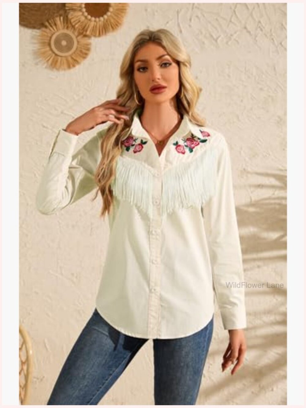 Western Cowgirl Fringe Shirt Long Sleeve Floral Embroidered Snap Collar Boho - Picture 3 of 7